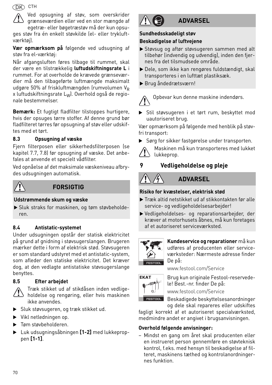 9vedligeholdelse og pleje, Forsigtig, Advarsel | Festool CTH 26 E-AC CLEANTEX User Manual | Page 70 / 109
