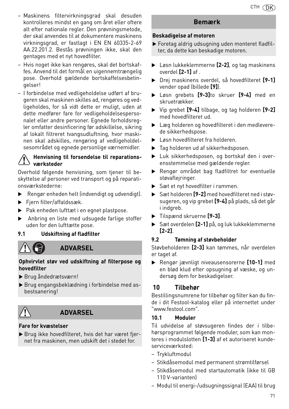 L 9.1), 10 tilbehør, Advarsel | Bemærk | Festool CTH 26 E-AC CLEANTEX User Manual | Page 71 / 109