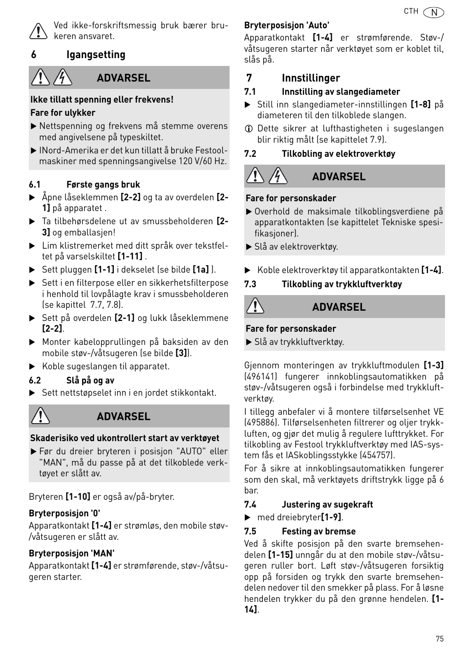 6igangsetting, 7innstillinger, Advarsel | Festool CTH 26 E-AC CLEANTEX User Manual | Page 75 / 109