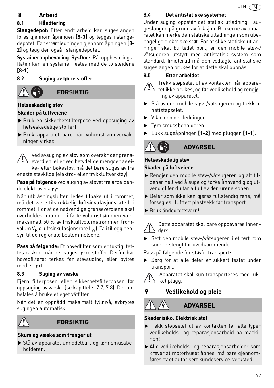 8arbeid, 9vedlikehold og pleie forsiktig, Forsiktig | Advarsel | Festool CTH 26 E-AC CLEANTEX User Manual | Page 77 / 109