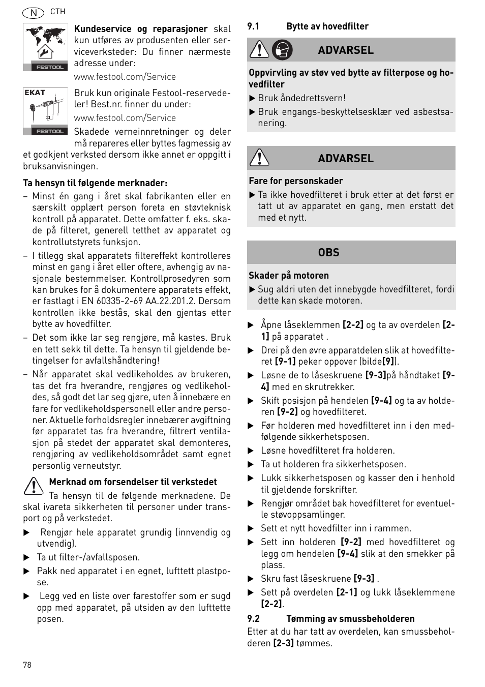 El 9.1), Advarsel | Festool CTH 26 E-AC CLEANTEX User Manual | Page 78 / 109