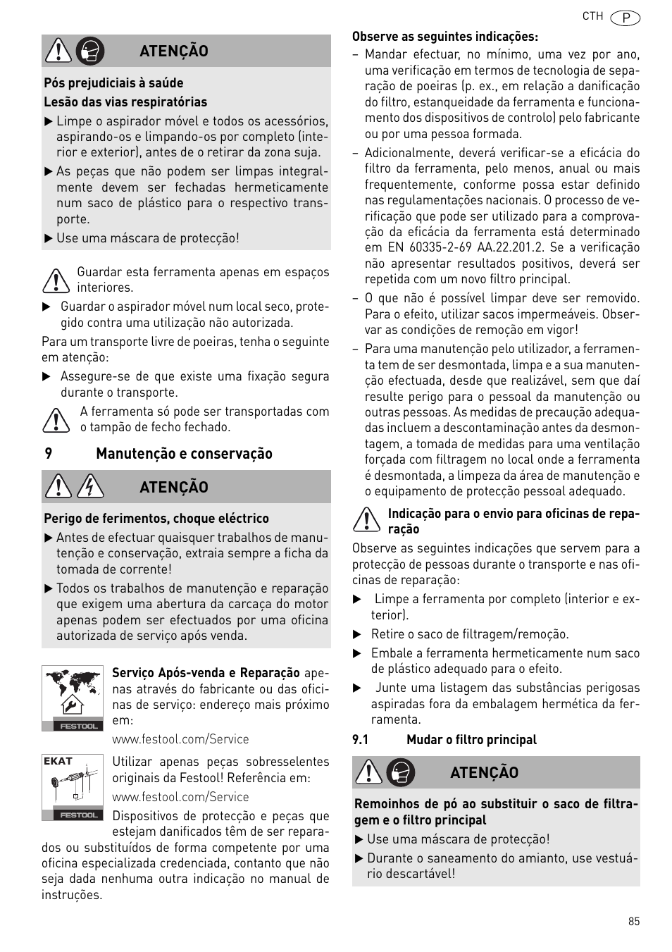 9manutenção e conservação, Atenção | Festool CTH 26 E-AC CLEANTEX User Manual | Page 85 / 109