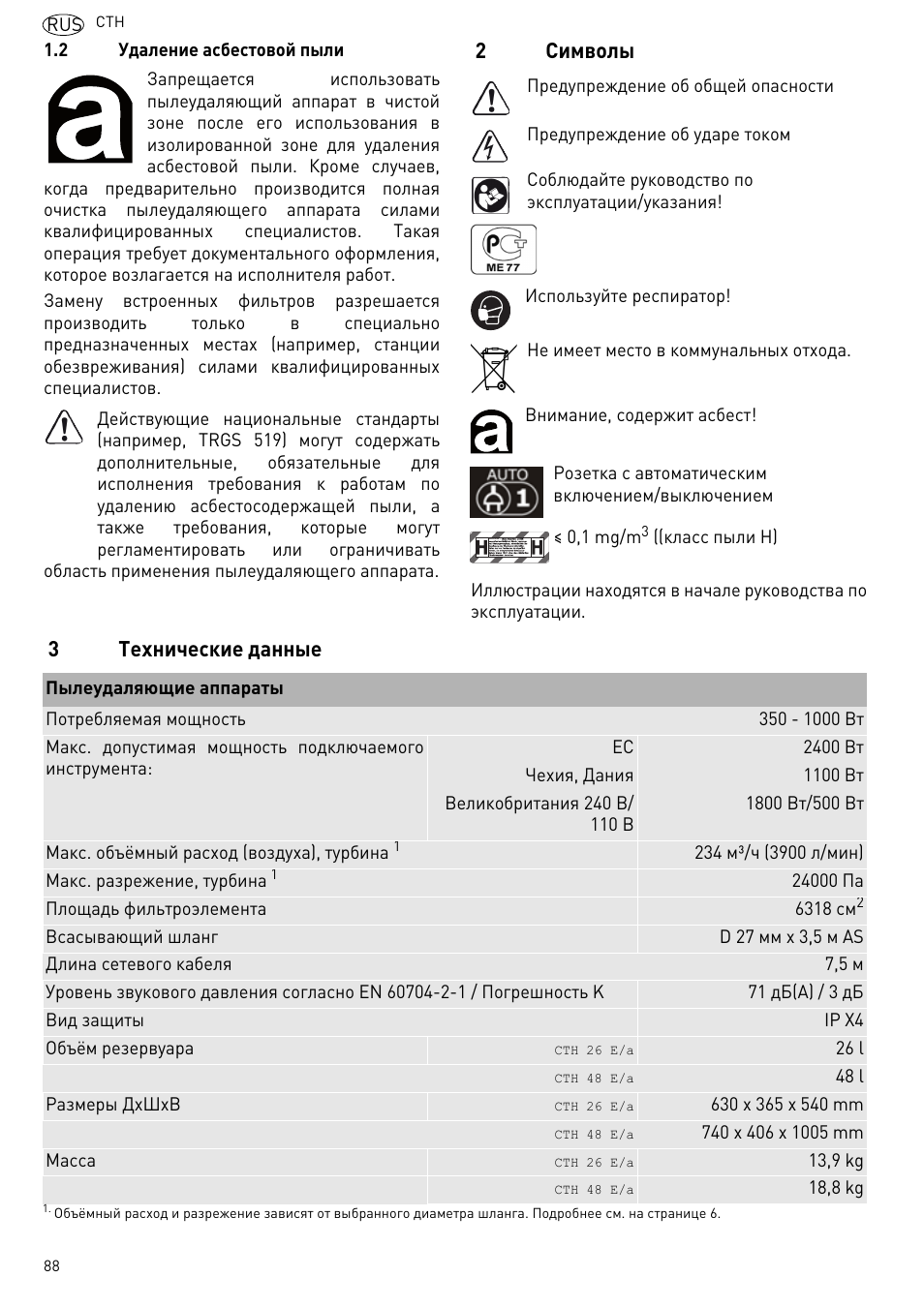 2символы, 3технические данные | Festool CTH 26 E-AC CLEANTEX User Manual | Page 88 / 109