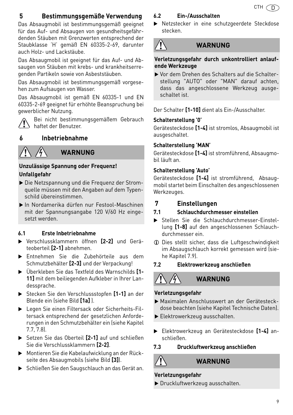 5bestimmungsgemäße verwendung, 6inbetriebnahme, 7einstellungen | Warnung | Festool CTH 26 E-AC CLEANTEX User Manual | Page 9 / 109