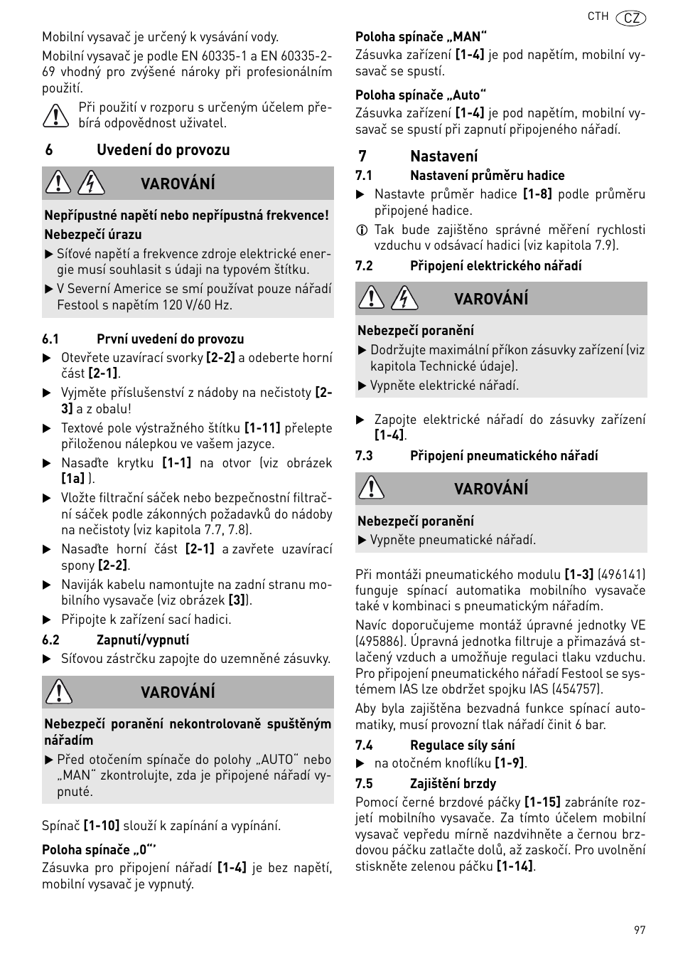 6uvedení do provozu, 7nastavení, Varování | Festool CTH 26 E-AC CLEANTEX User Manual | Page 97 / 109