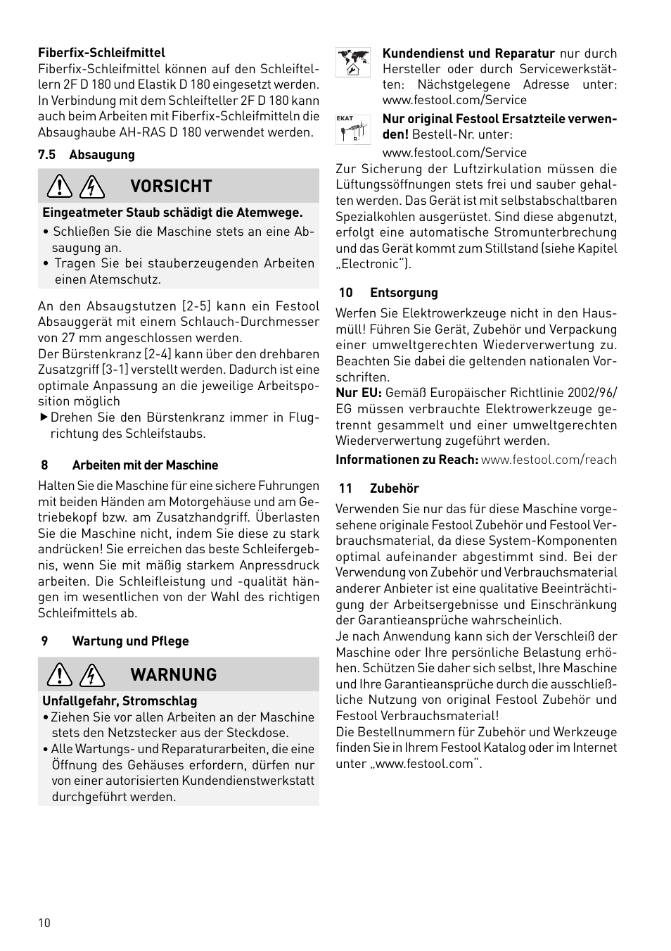 Vorsicht, Warnung | Festool RAS 180.03 E User Manual | Page 10 / 79