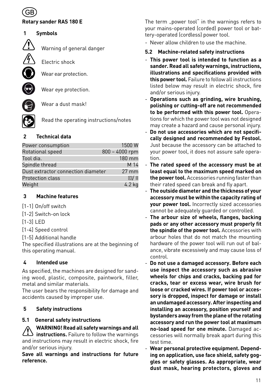 Festool RAS 180.03 E User Manual | Page 11 / 79