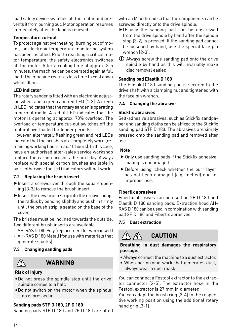 Warning, Caution | Festool RAS 180.03 E User Manual | Page 14 / 79