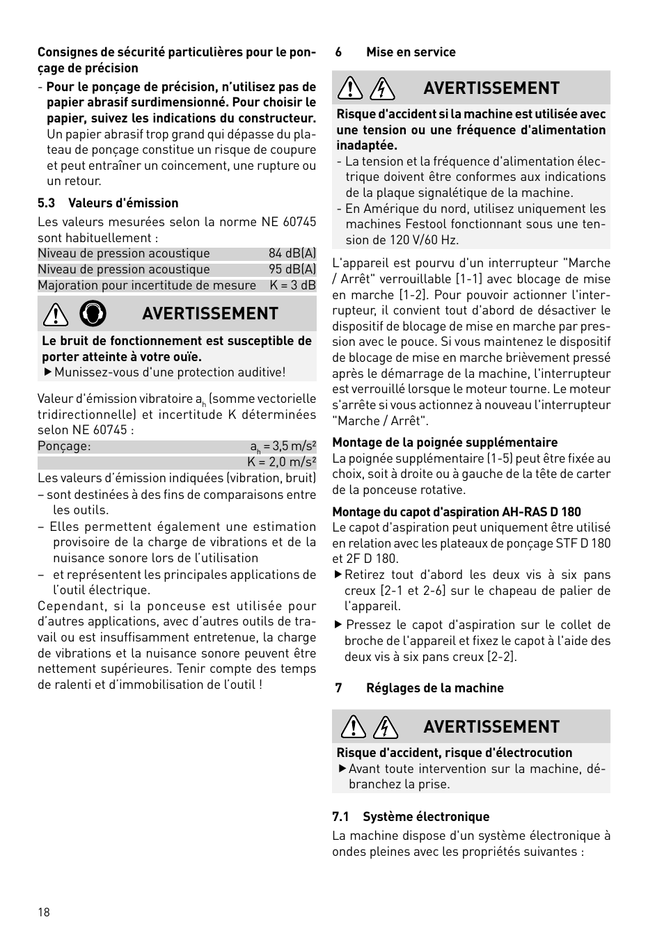 Avertissement | Festool RAS 180.03 E User Manual | Page 18 / 79