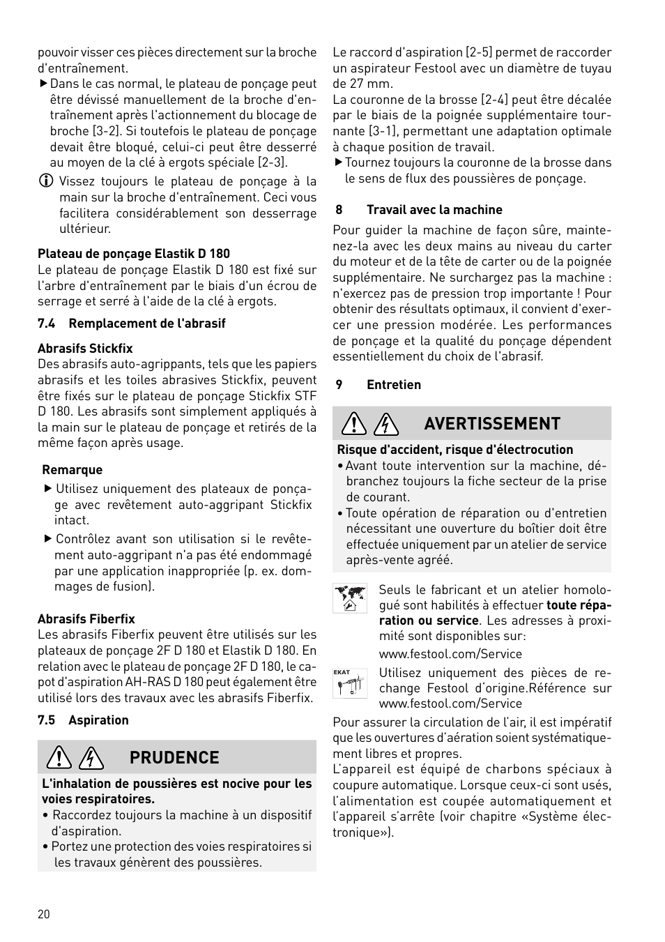 Prudence, Avertissement | Festool RAS 180.03 E User Manual | Page 20 / 79