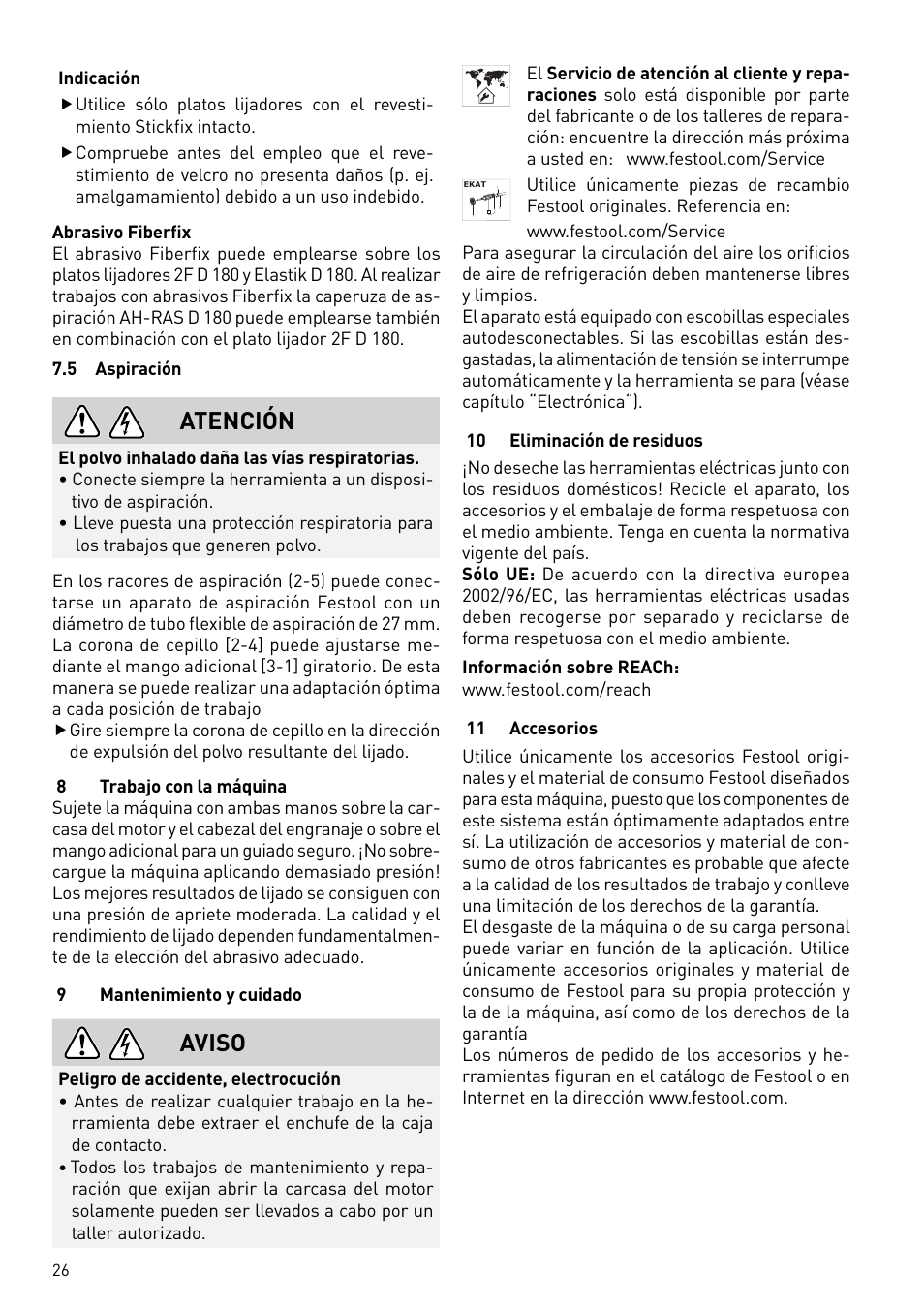 Atención, Aviso | Festool RAS 180.03 E User Manual | Page 26 / 79