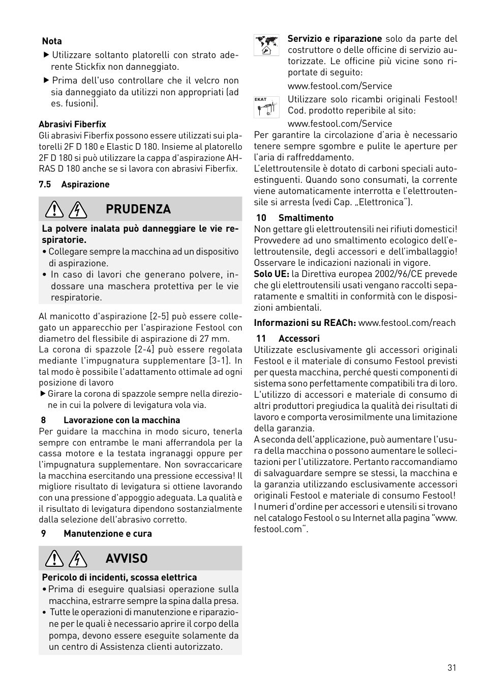 Prudenza, Avviso | Festool RAS 180.03 E User Manual | Page 31 / 79