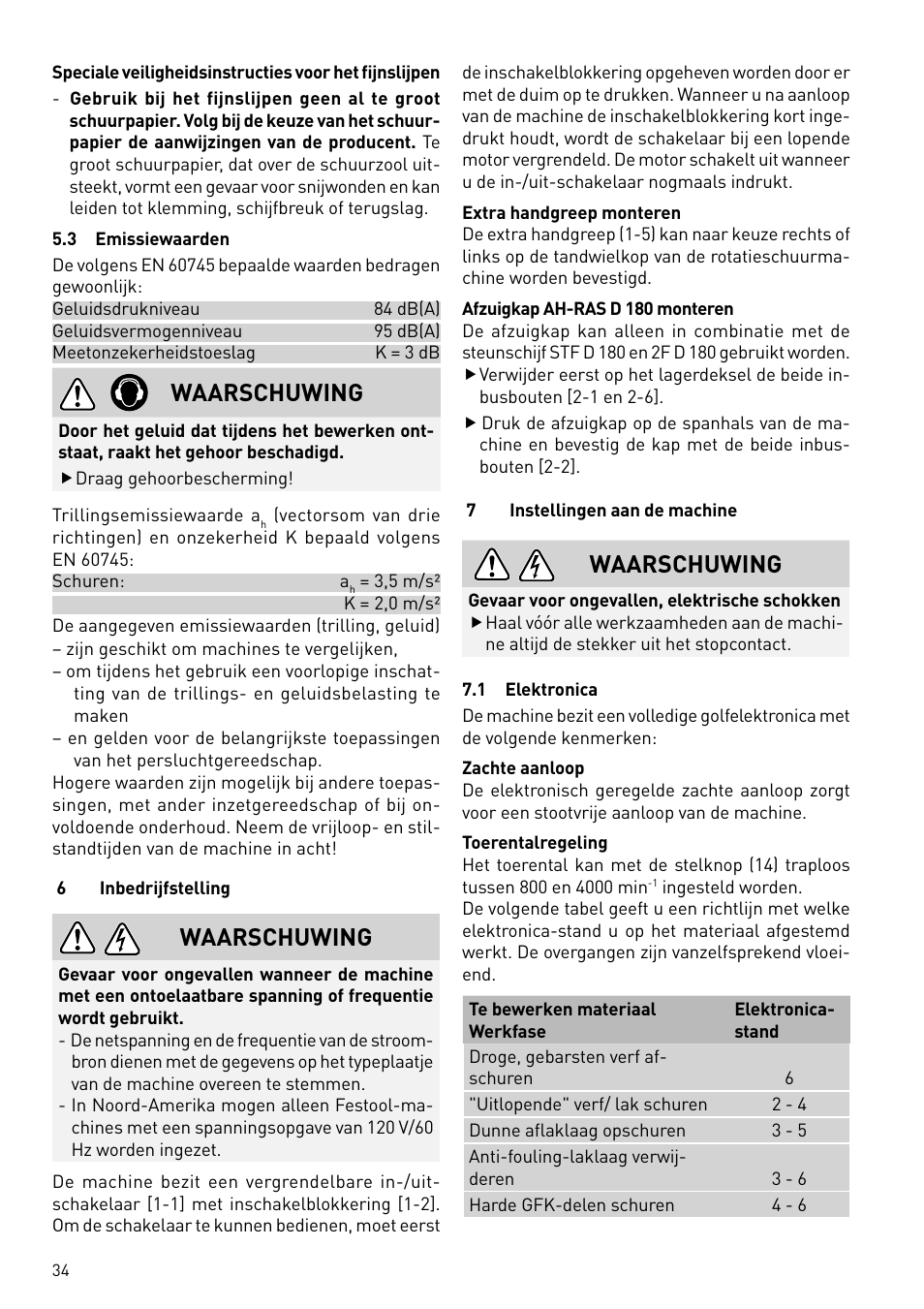 Waarschuwing | Festool RAS 180.03 E User Manual | Page 34 / 79