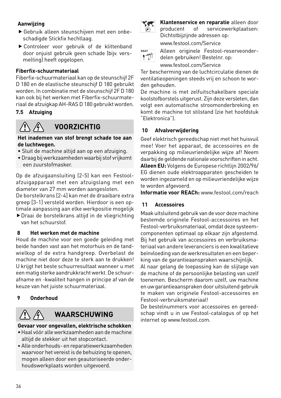 Voorzichtig, Waarschuwing | Festool RAS 180.03 E User Manual | Page 36 / 79