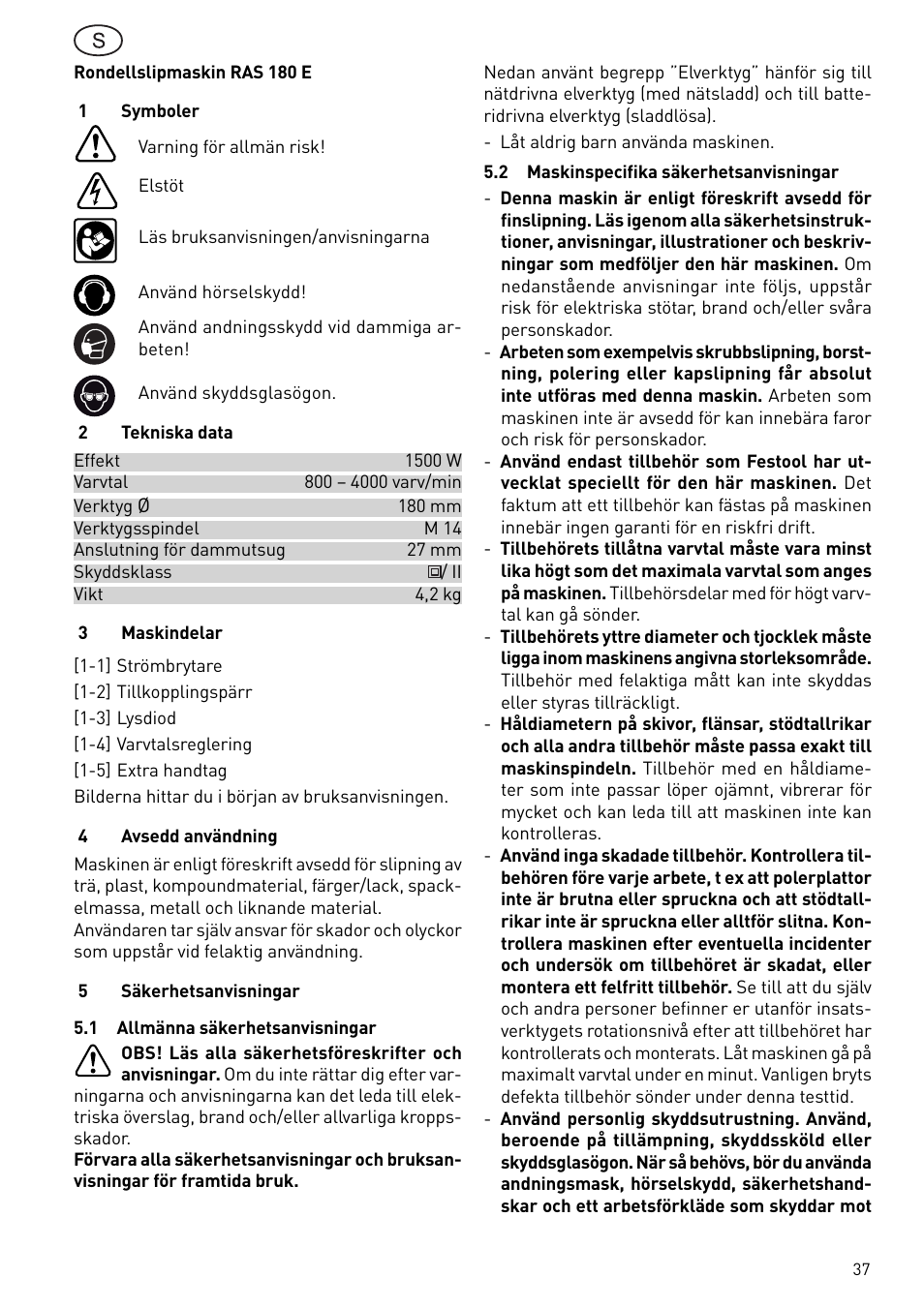 Festool RAS 180.03 E User Manual | Page 37 / 79