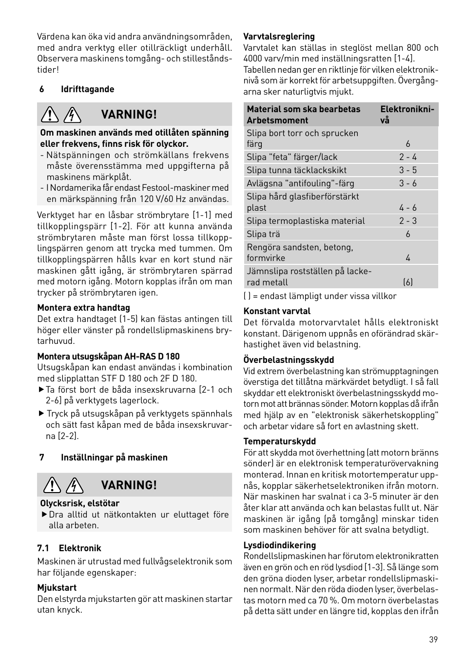 Varning | Festool RAS 180.03 E User Manual | Page 39 / 79