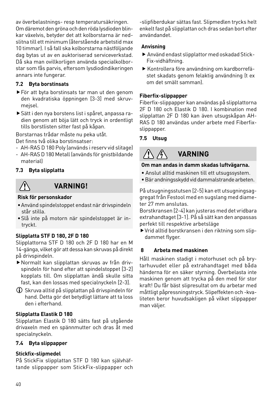 Varning | Festool RAS 180.03 E User Manual | Page 40 / 79