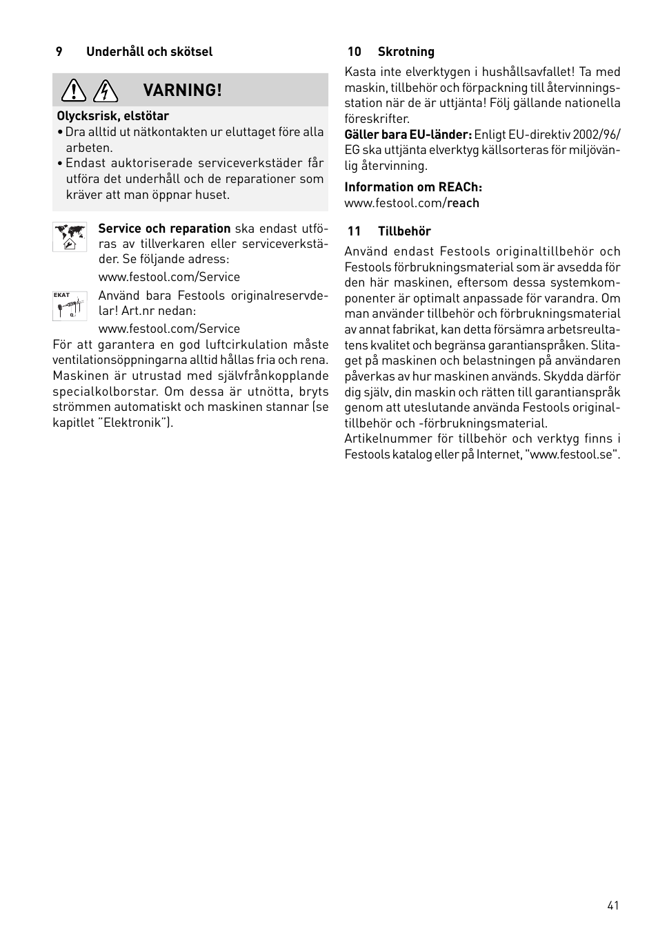 Varning | Festool RAS 180.03 E User Manual | Page 41 / 79