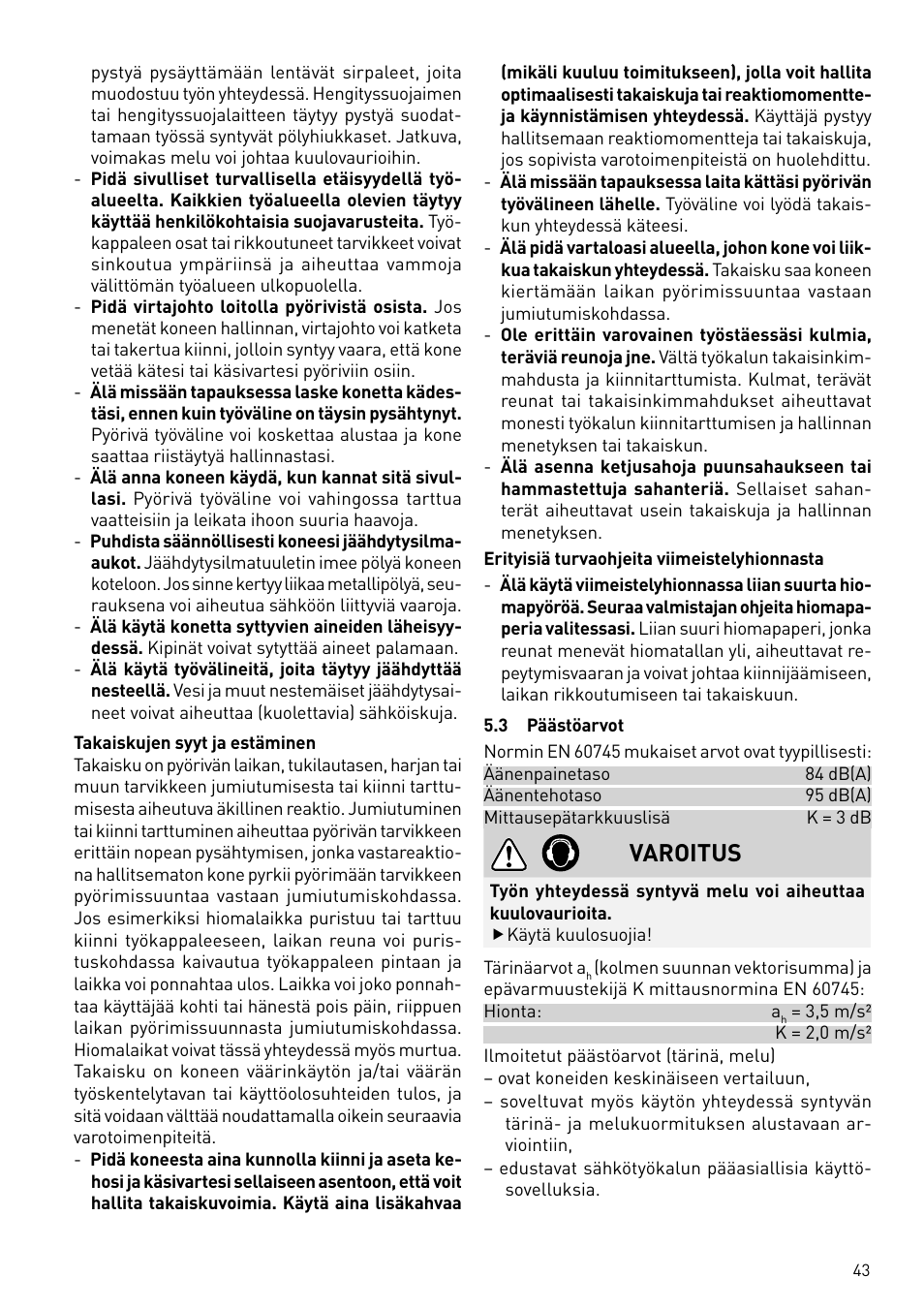 Varoitus | Festool RAS 180.03 E User Manual | Page 43 / 79