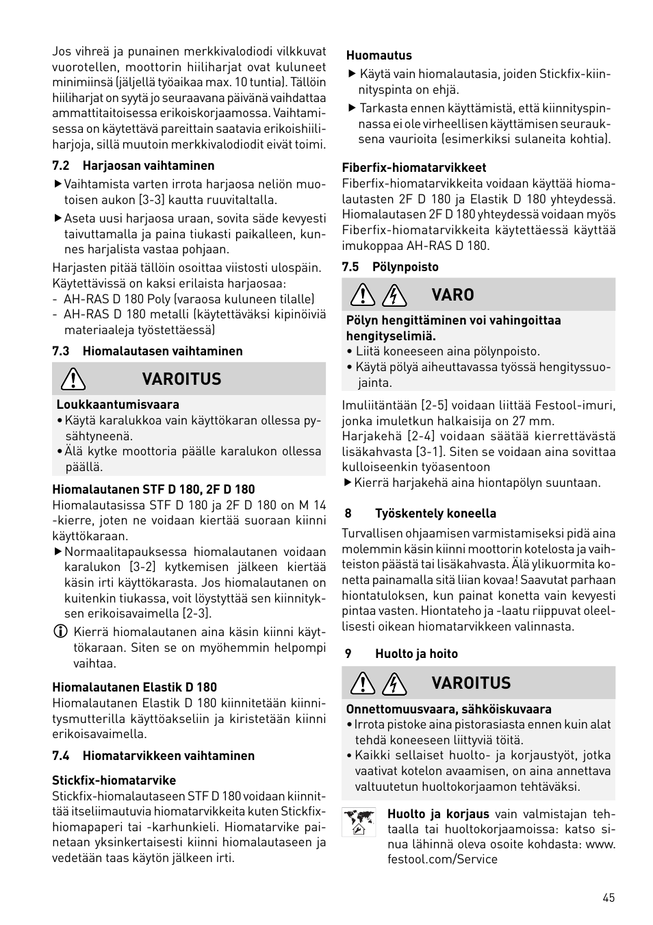 Varoitus, Varo | Festool RAS 180.03 E User Manual | Page 45 / 79