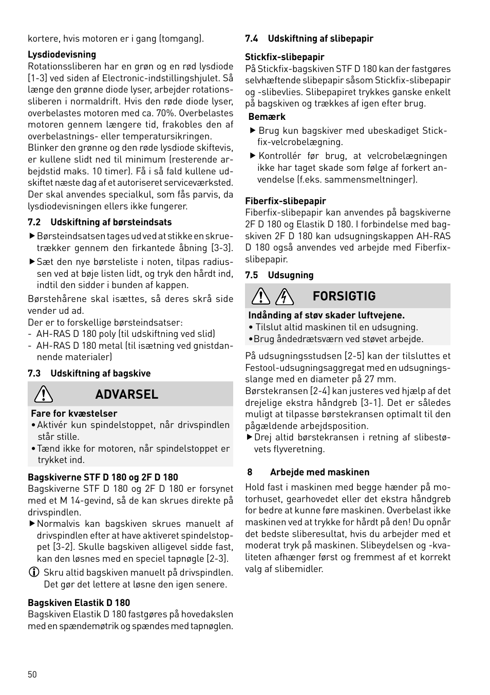 Advarsel, Forsigtig | Festool RAS 180.03 E User Manual | Page 50 / 79