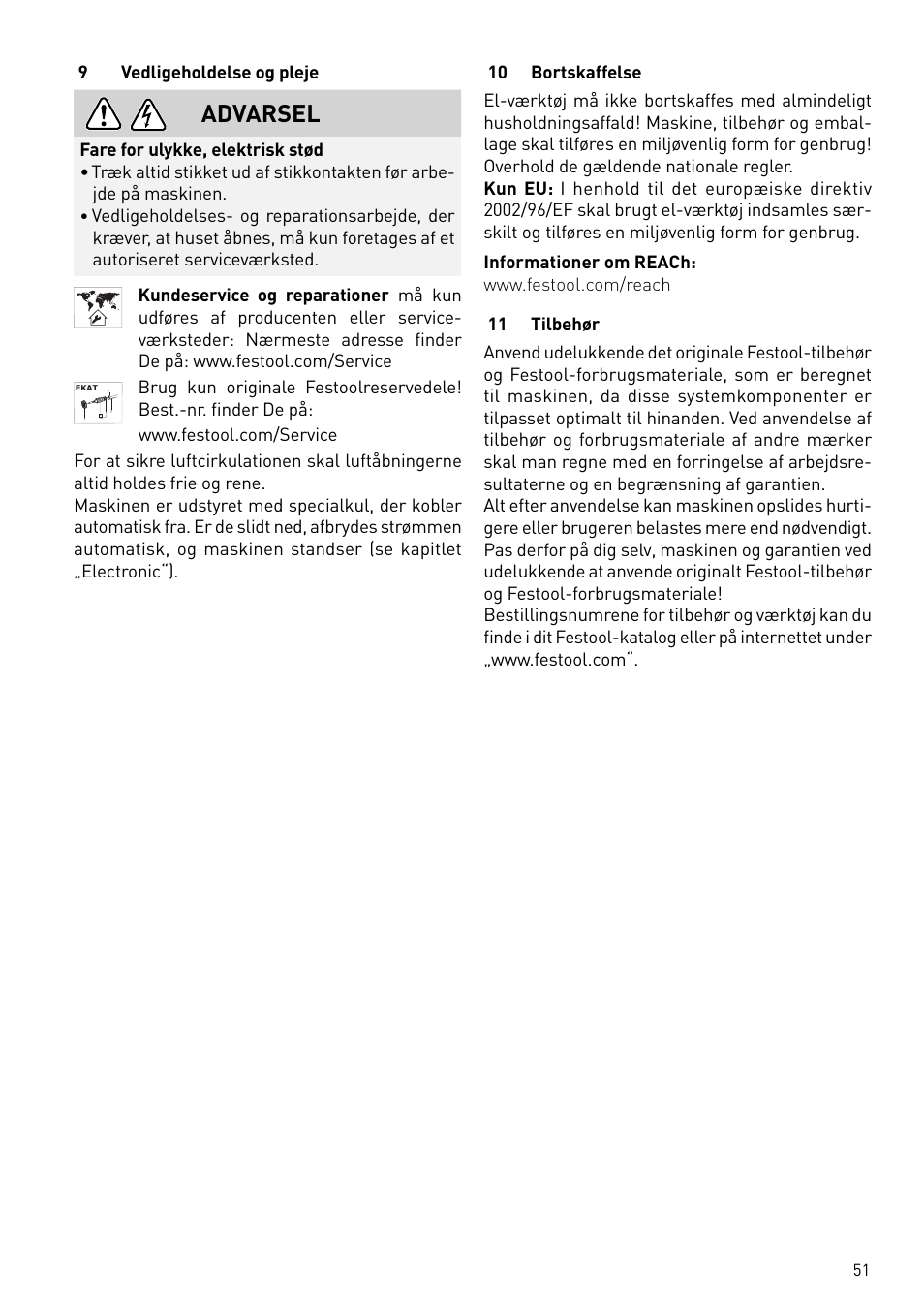 Advarsel | Festool RAS 180.03 E User Manual | Page 51 / 79