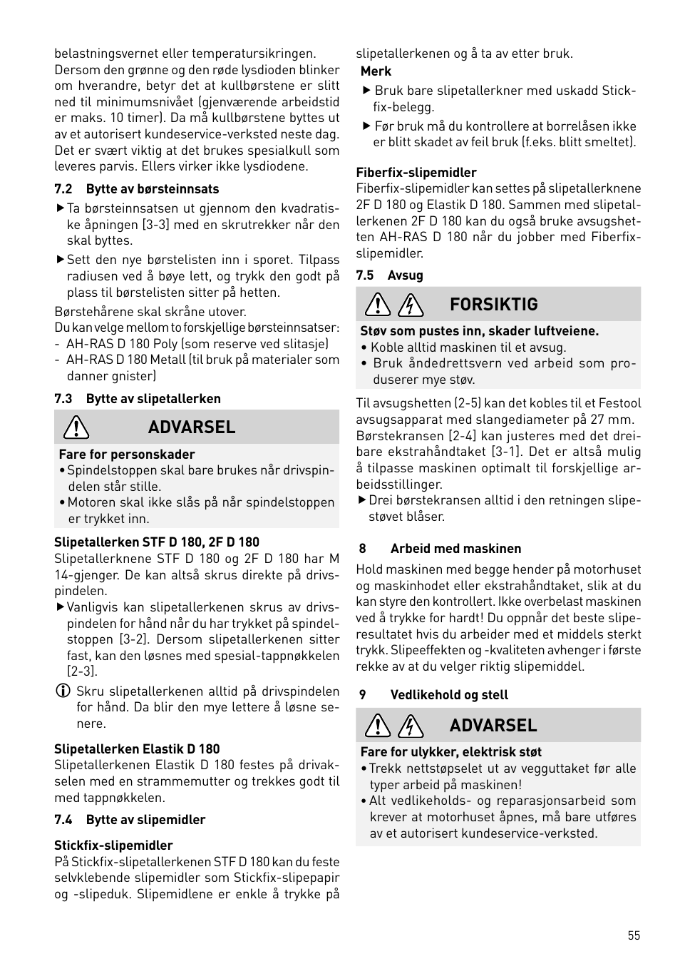 Advarsel, Forsiktig | Festool RAS 180.03 E User Manual | Page 55 / 79