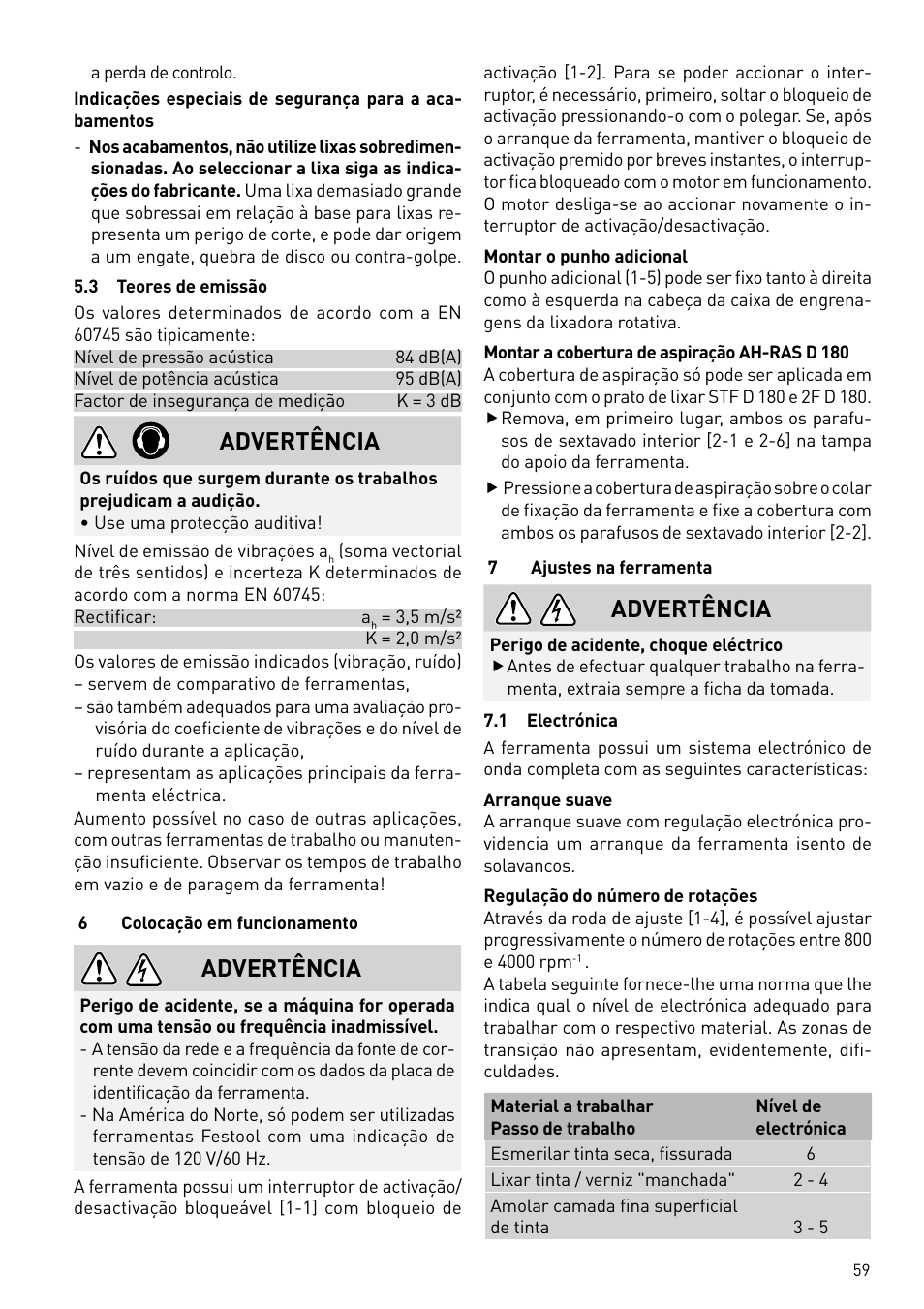 Advertência | Festool RAS 180.03 E User Manual | Page 59 / 79