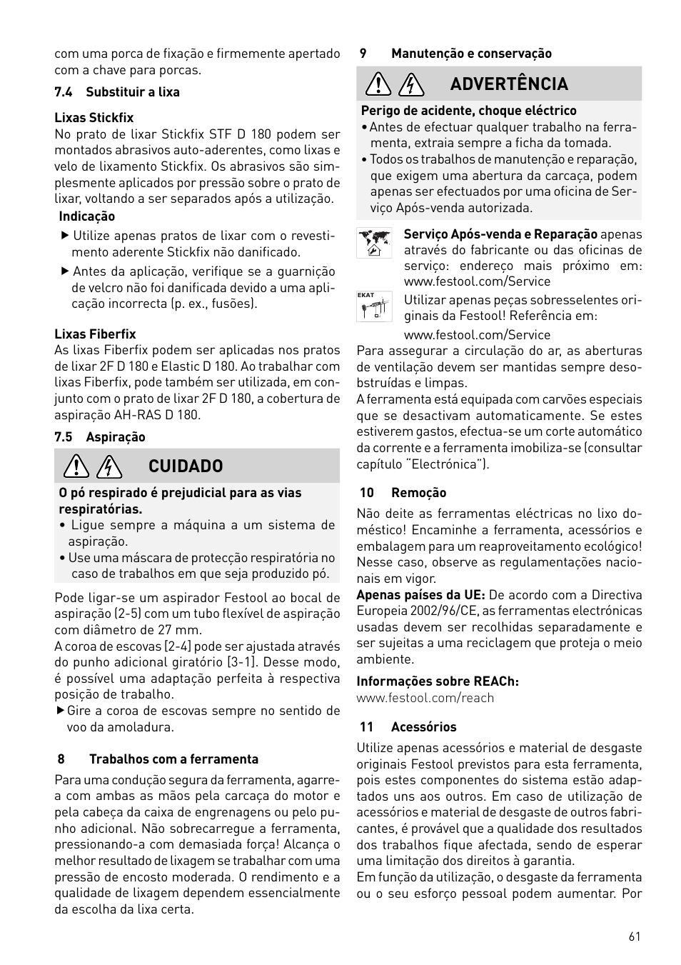 Cuidado, Advertência | Festool RAS 180.03 E User Manual | Page 61 / 79