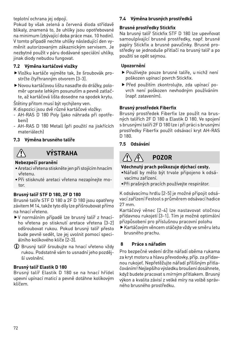 Výstraha, Pozor | Festool RAS 180.03 E User Manual | Page 72 / 79