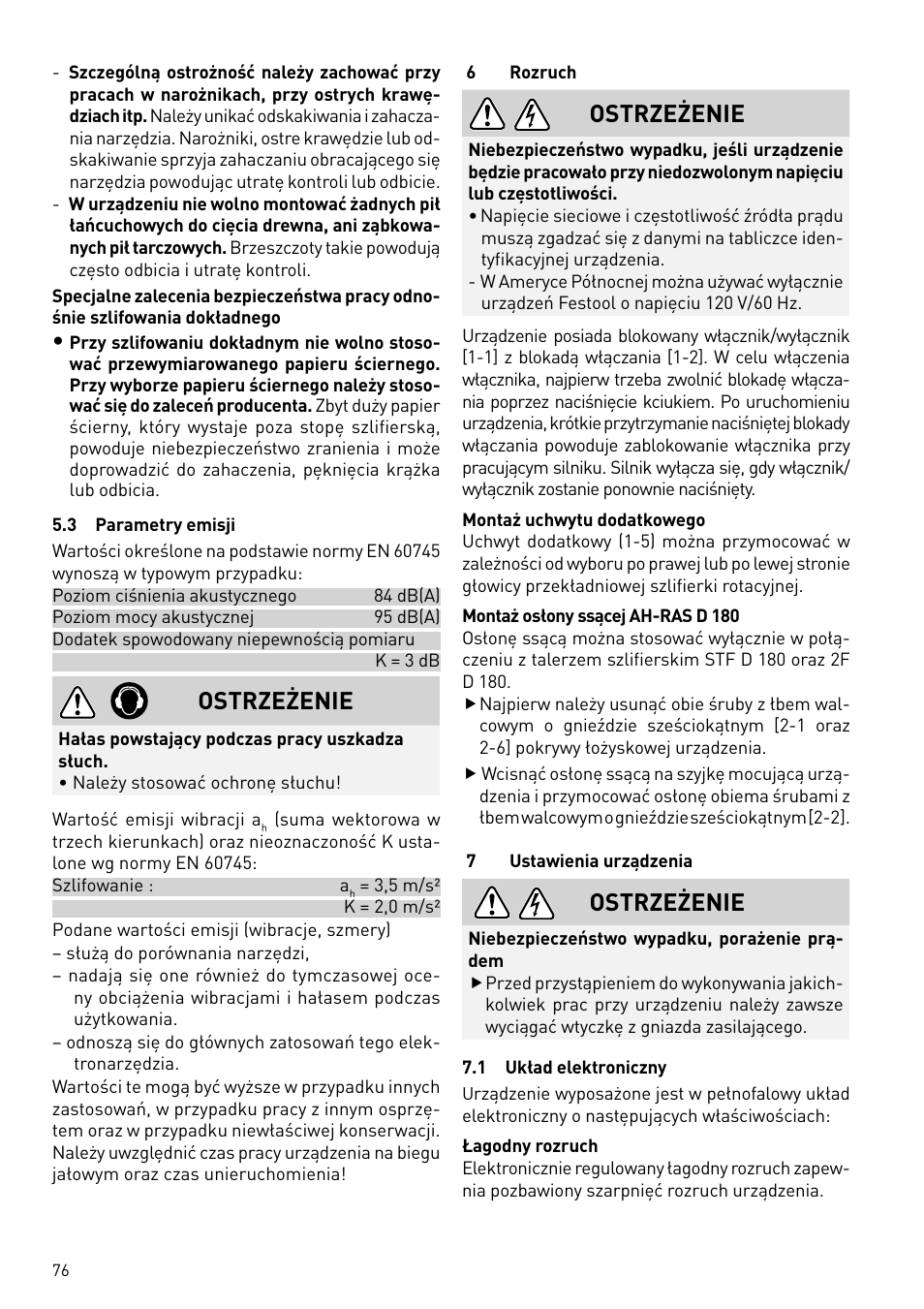 Ostrzeżenie | Festool RAS 180.03 E User Manual | Page 76 / 79