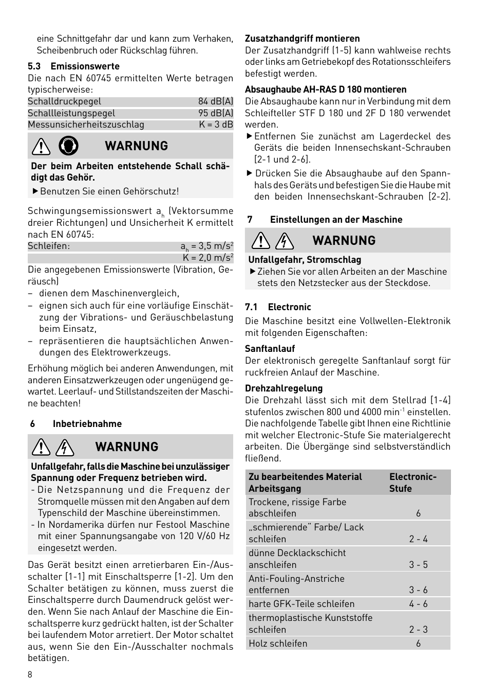 Warnung | Festool RAS 180.03 E User Manual | Page 8 / 79