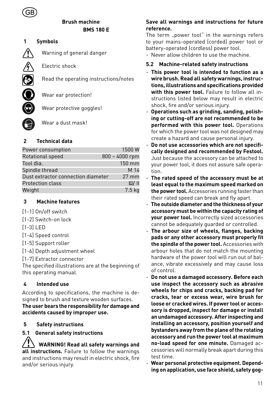 Festool BMS 180 E Rustofix HR User Manual | Page 11 / 73