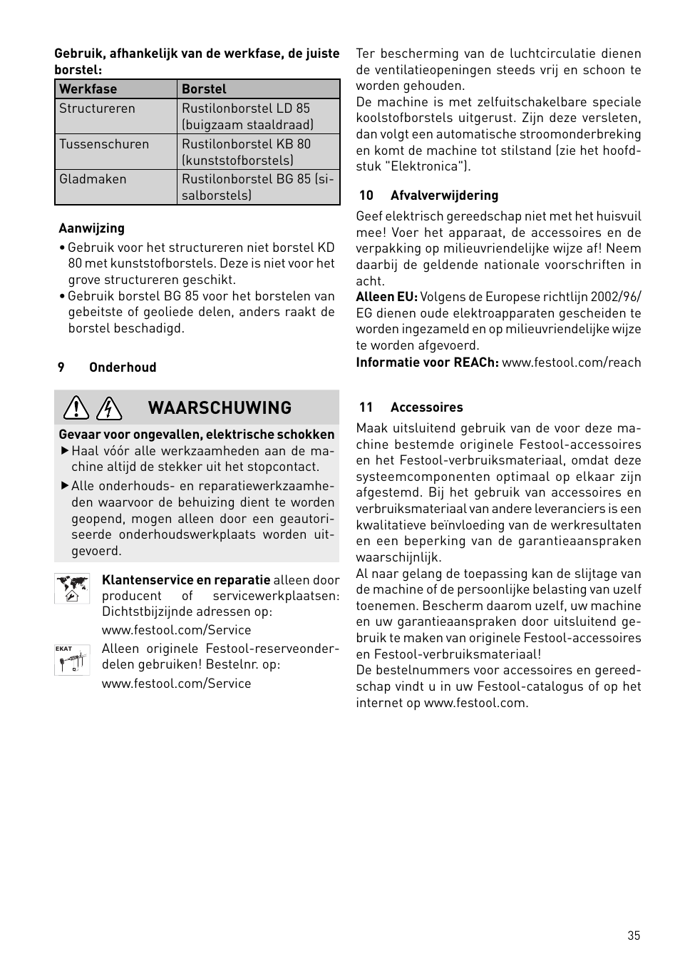 Waarschuwing | Festool BMS 180 E Rustofix HR User Manual | Page 35 / 73