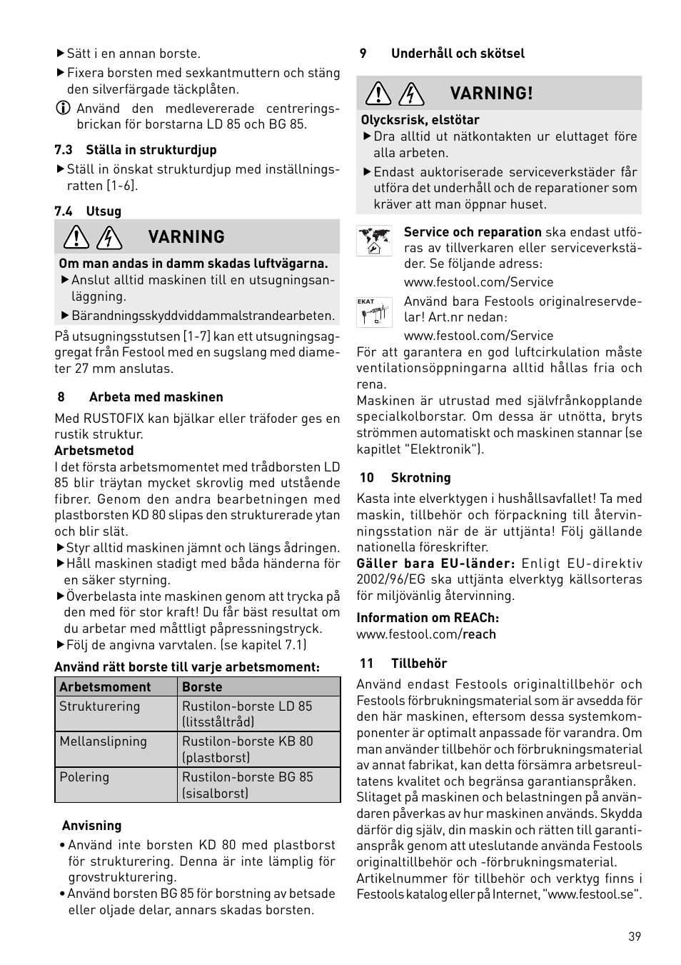 Varning | Festool BMS 180 E Rustofix HR User Manual | Page 39 / 73