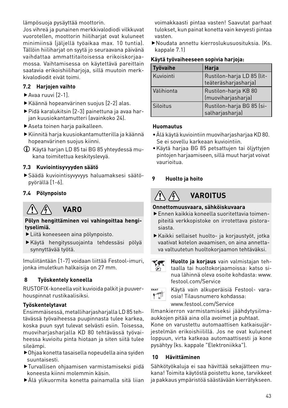 Varo, Varoitus | Festool BMS 180 E Rustofix HR User Manual | Page 43 / 73