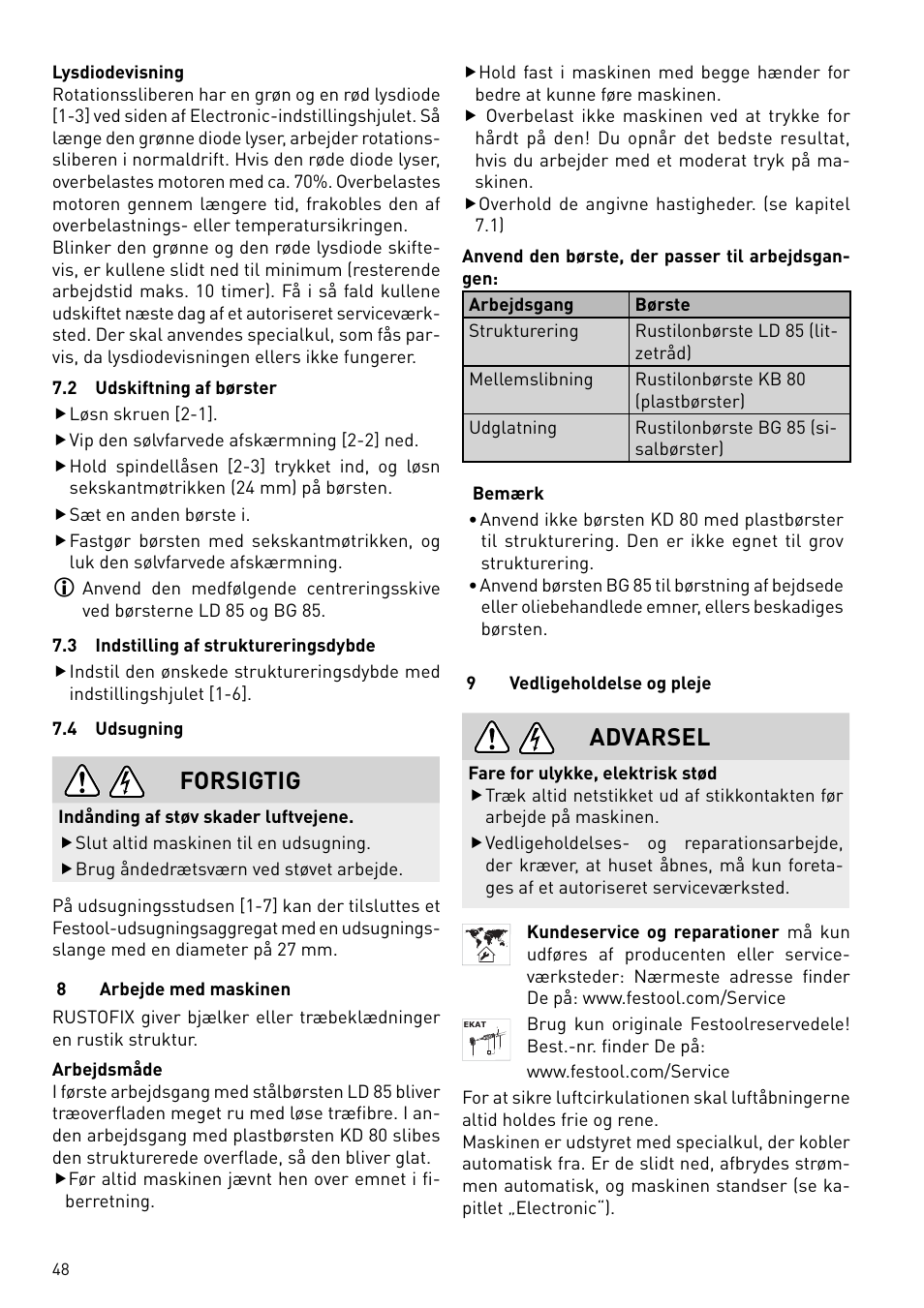 Forsigtig, Advarsel | Festool BMS 180 E Rustofix HR User Manual | Page 48 / 73