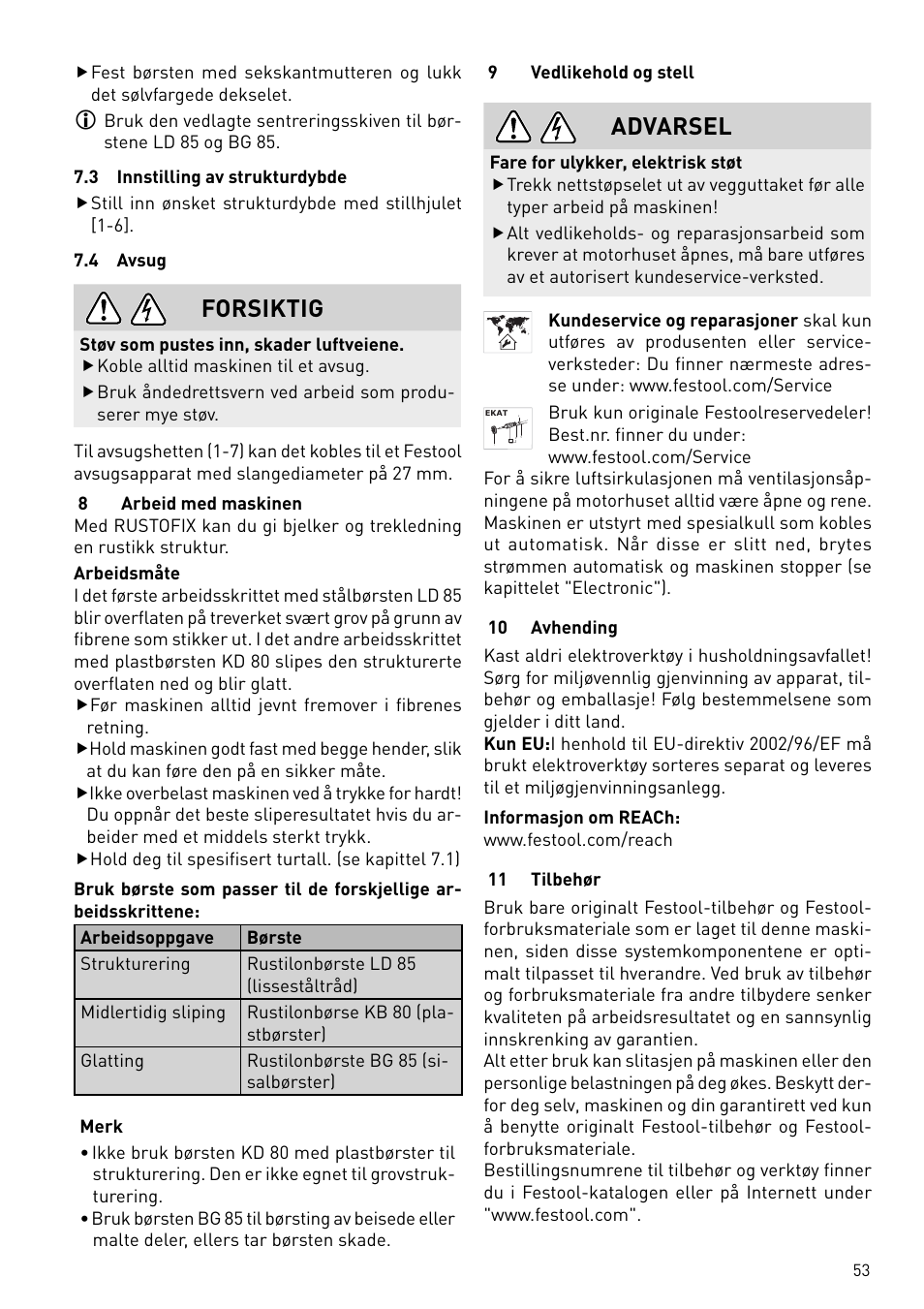 Forsiktig, Advarsel | Festool BMS 180 E Rustofix HR User Manual | Page 53 / 73