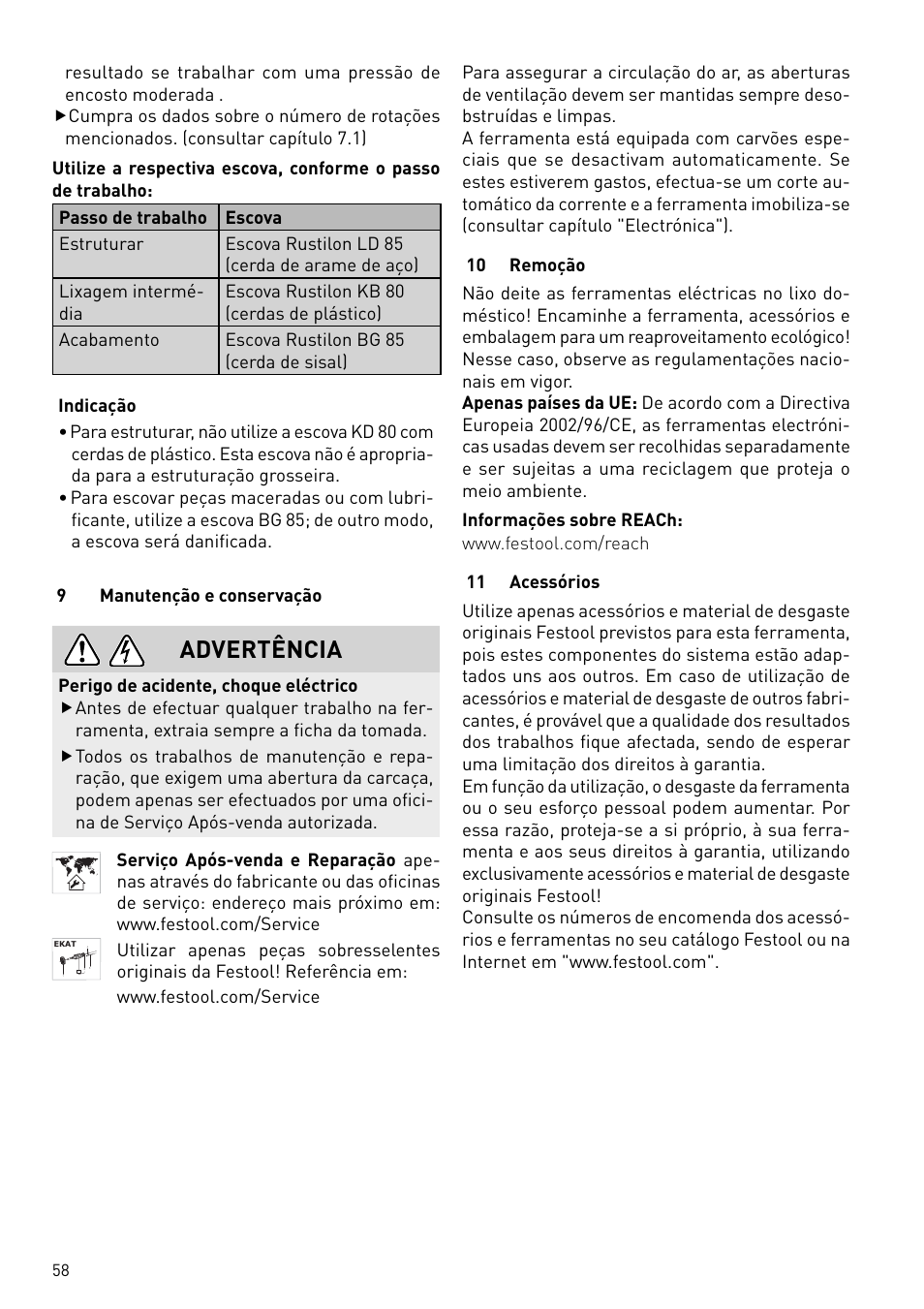 Advertência | Festool BMS 180 E Rustofix HR User Manual | Page 58 / 73