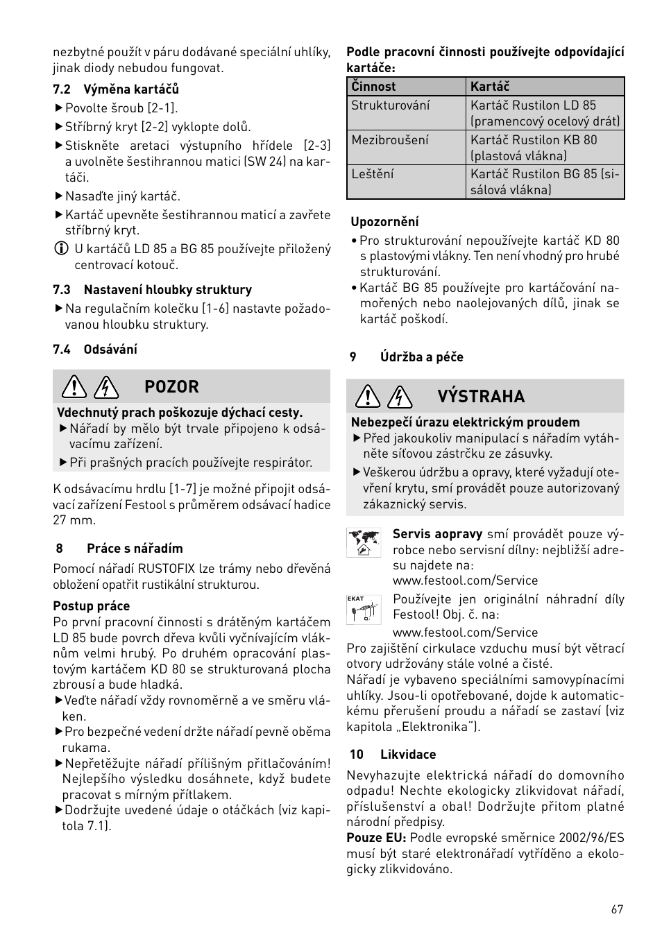 Pozor, Výstraha | Festool BMS 180 E Rustofix HR User Manual | Page 67 / 73