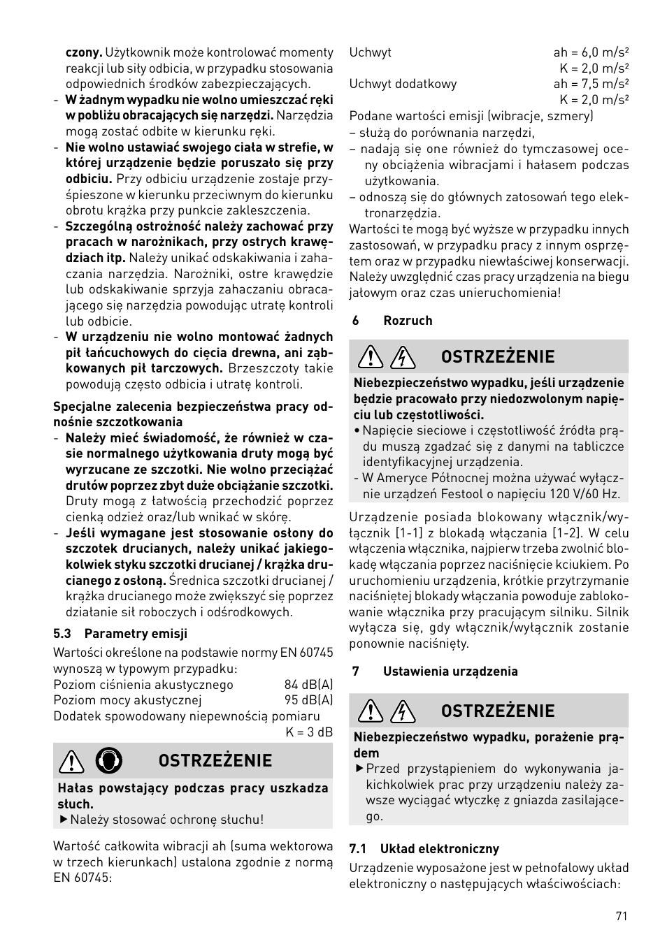 Ostrzeżenie | Festool BMS 180 E Rustofix HR User Manual | Page 71 / 73