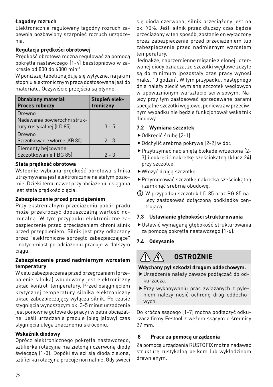 Ostrożnie | Festool BMS 180 E Rustofix HR User Manual | Page 72 / 73