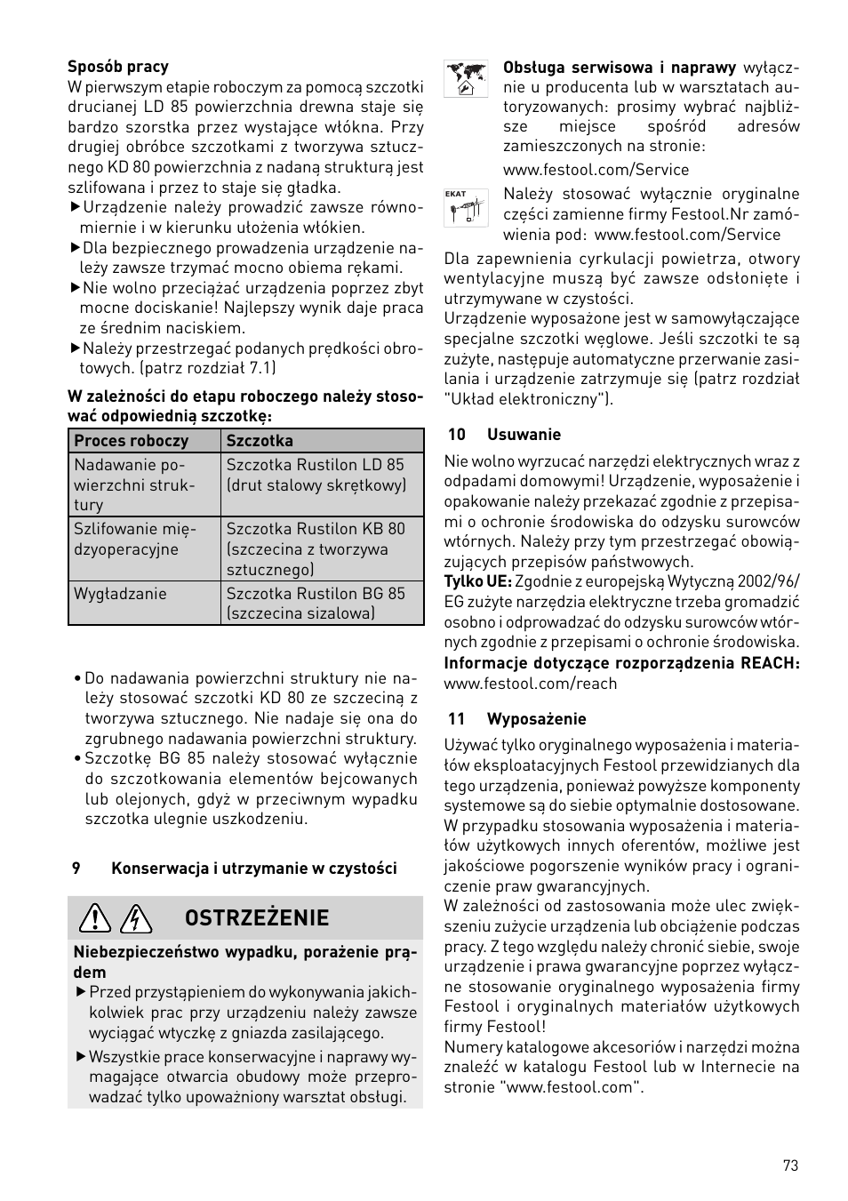 Ostrzeżenie | Festool BMS 180 E Rustofix HR User Manual | Page 73 / 73