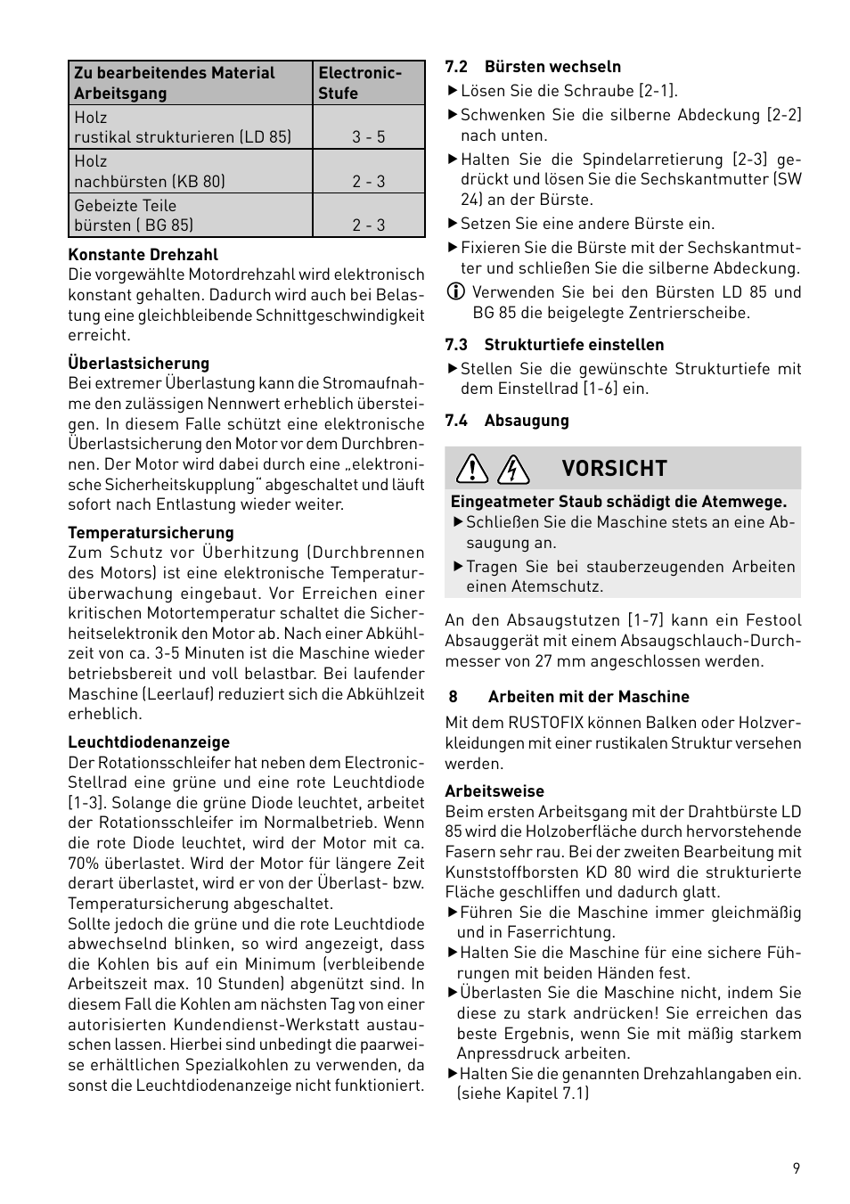 Vorsicht | Festool BMS 180 E Rustofix HR User Manual | Page 9 / 73