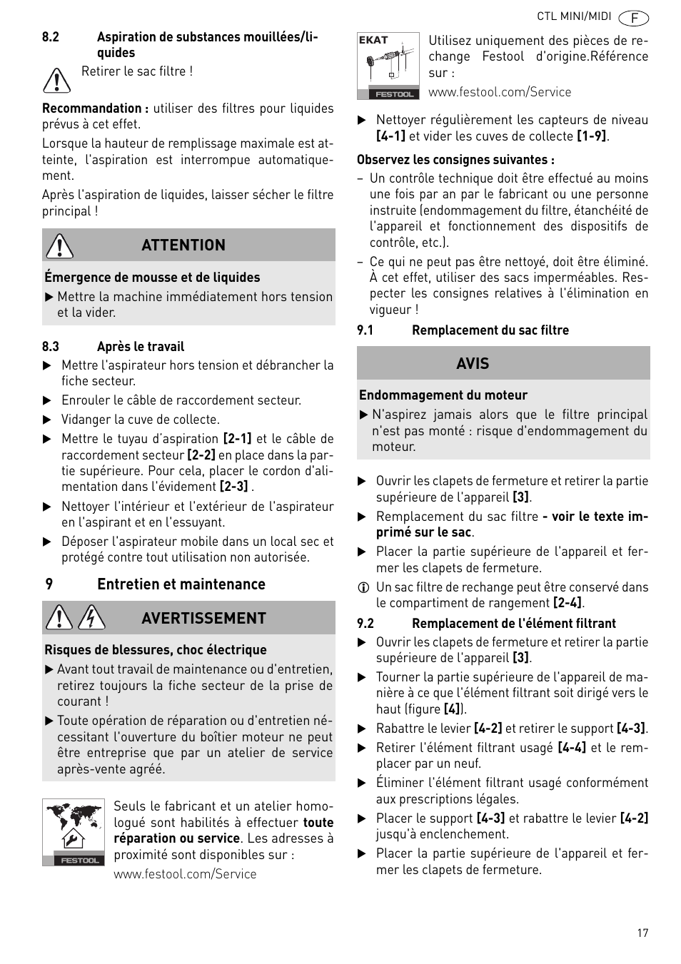 9entretien et maintenance, Attention, Avertissement | Avis | Festool CTL MIDI User Manual | Page 17 / 68
