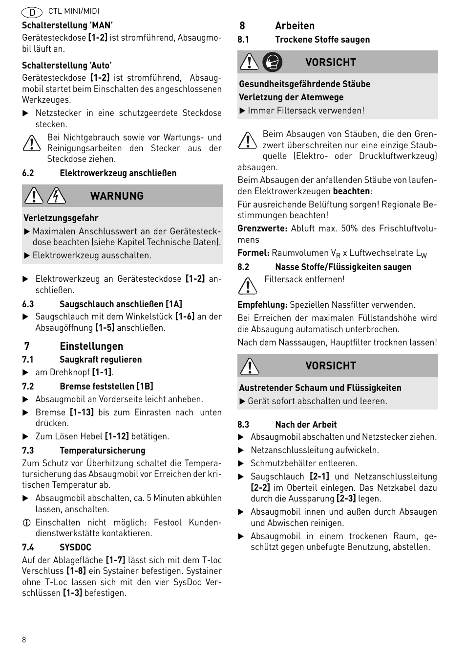 7einstellungen, 8arbeiten, Warnung | Vorsicht | Festool CTL MIDI User Manual | Page 8 / 68