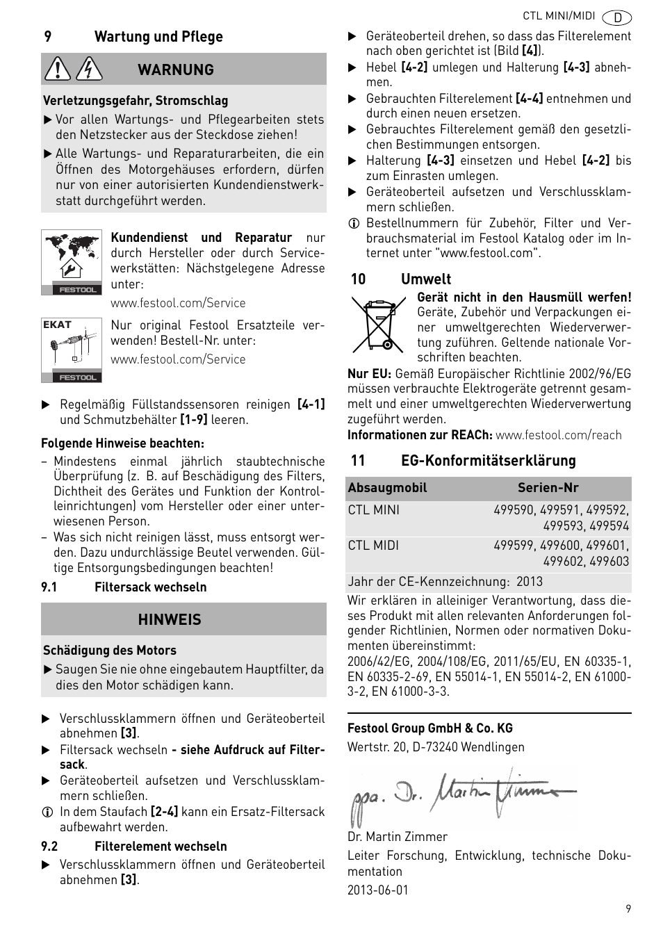 9wartung und pflege, 10 umwelt, 11 eg-konformitätserklärung | Warnung, Hinweis | Festool CTL MIDI User Manual | Page 9 / 68