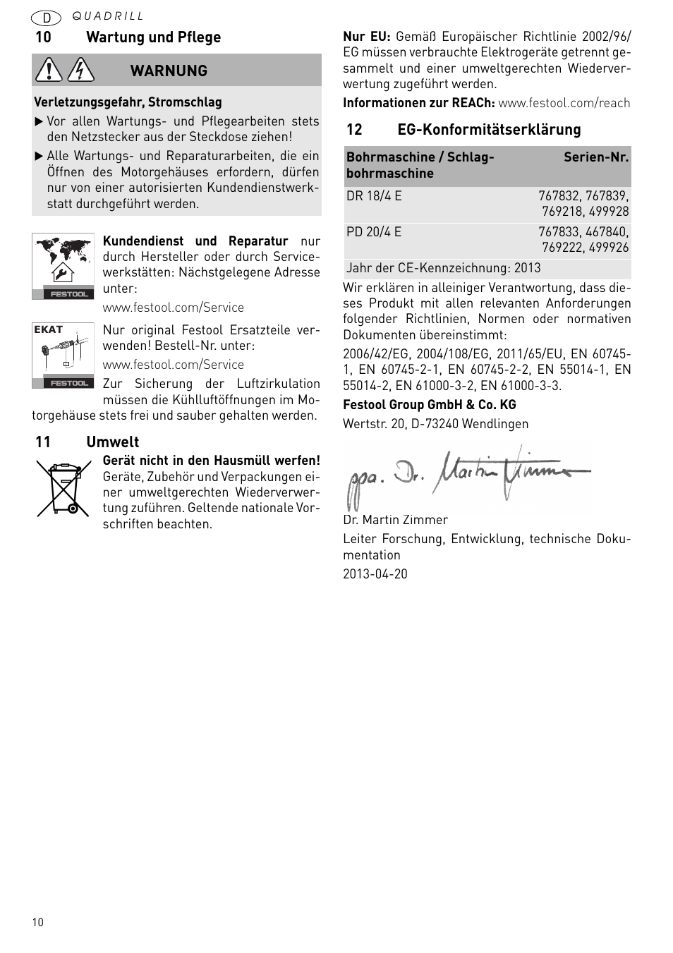 10 wartung und pflege, 11 umwelt, 12 eg-konformitätserklärung | Warnung | Festool PD 20 User Manual | Page 10 / 75