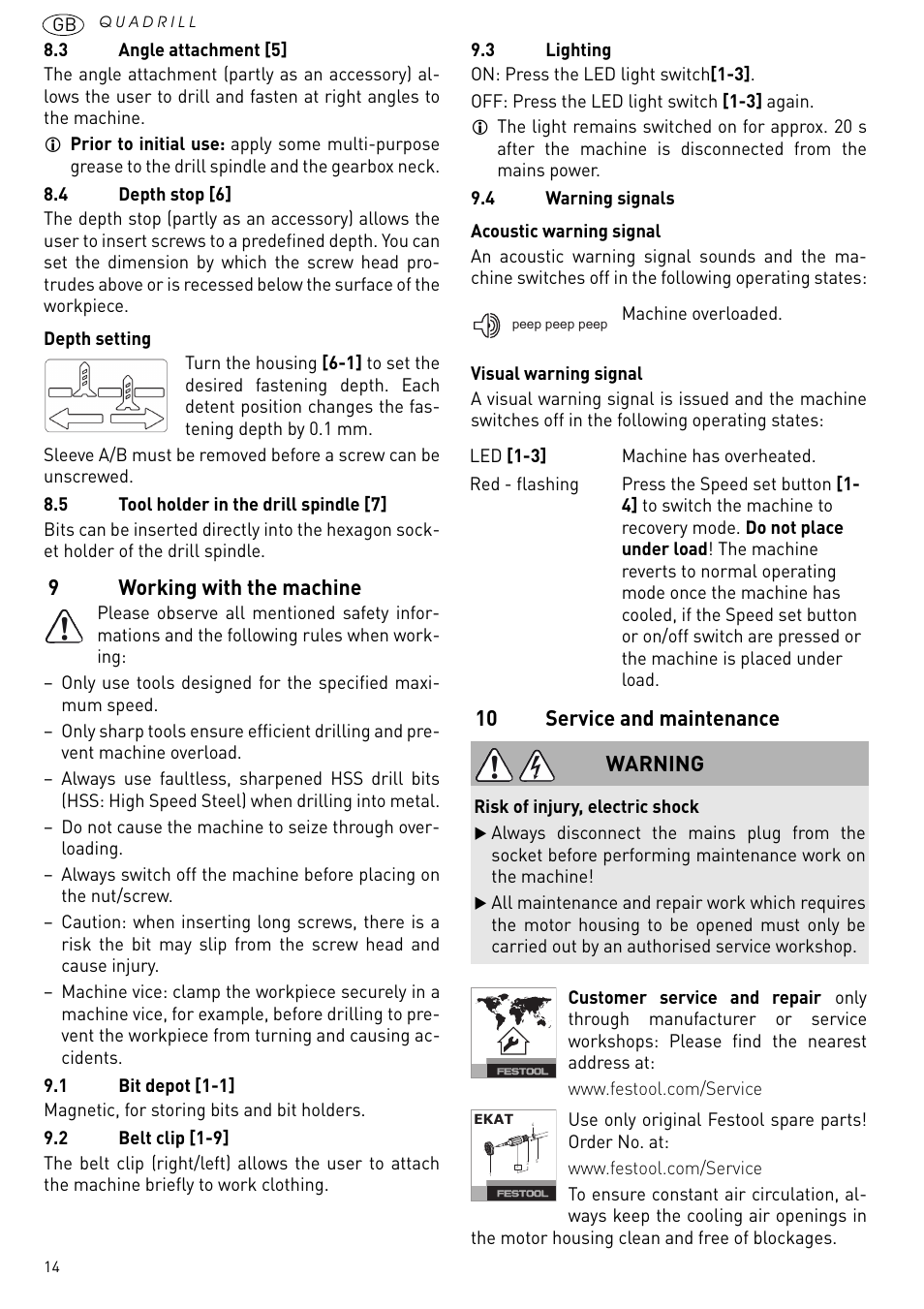 9working with the machine, 10 service and maintenance, Warning | Festool PD 20 User Manual | Page 14 / 75