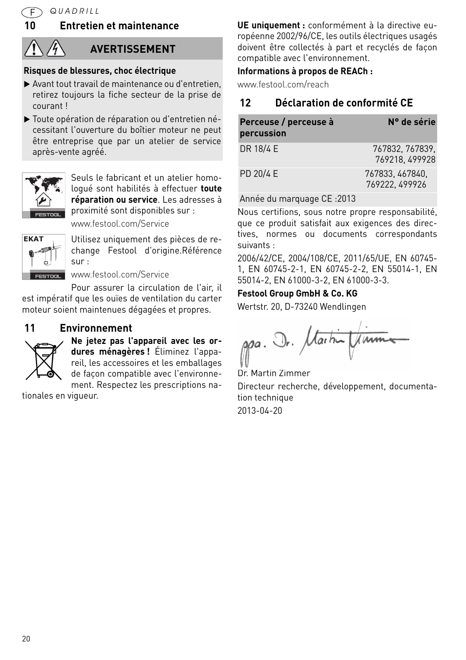 10 entretien et maintenance, 11 environnement, 12 déclaration de conformité ce | Avertissement | Festool PD 20 User Manual | Page 20 / 75